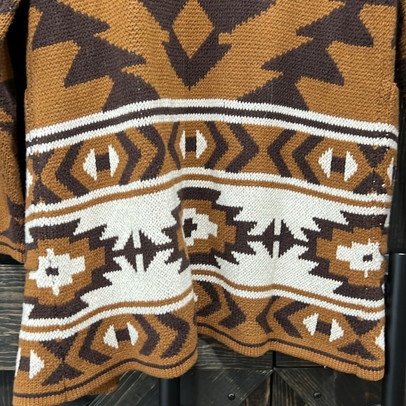 Lucky Brand Southwestern Aztec Cardigan S Open Brown Duster Cozy Hooded Casual - Picture 8 of 13